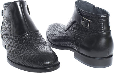 Giovanni Conti 3556-01 Black Pattern Stitched Leather Buckle Boots