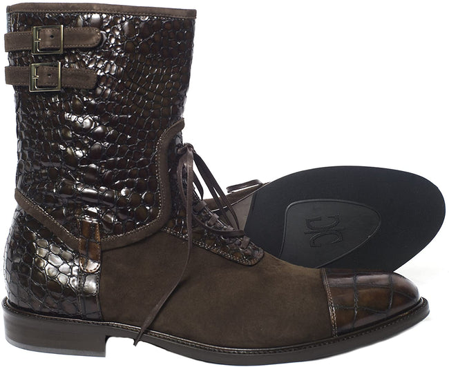 Giovanni Conti 3317-02 Brown Suede and Crocodile Print High Rise Boots